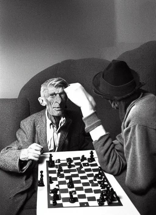 Image similar to samuel beckett playing chess with a sad death wearing a blu hat, photo, expressionist, nordic light