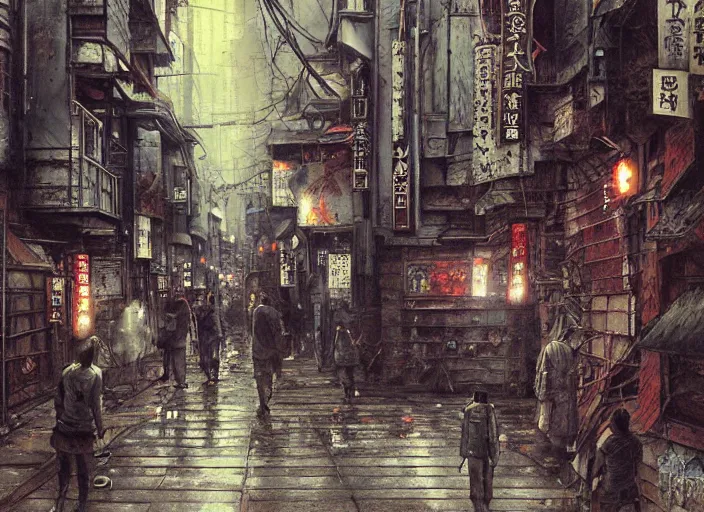 Image similar to street in osaka, jpeg artefacts on canvas, by seb mckinnon and james gurney and greg rutkowski, highly detailed, pov