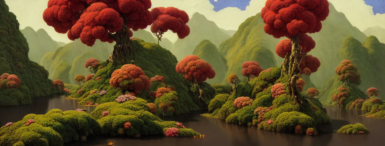 Prompt: a gorgeous very early spring series of lush islands separated by flower - lined streams, twisted gardens, painting by barlowe wayne maxfield parrish and marco mazzoni. tree no leaf!!!! china mountain village!! very little light verdancy. ultra clear detailed. 3 d, octane render. turbulent blood lake.