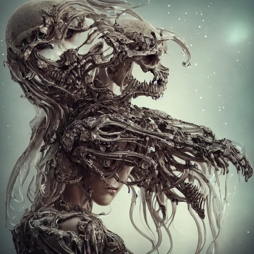 Image similar to close-up macro portrait of the face of a beautiful princess with animal skull mask, epic angle and pose, ribcage bones symmetrical artwork, 3d with depth of field, blurred background, cybernetic jellyfish female face skull phoenix bird, translucent, nautilus, energy flows of water and fire. a highly detailed epic cinematic concept art CG render. made in Maya, Blender and Photoshop, octane render, excellent composition, cinematic dystopian brutalist atmosphere, dynamic dramatic cinematic lighting, aesthetic, very inspirational, arthouse. y Greg Rutkowski, Ilya Kuvshinov, WLOP, Stanley Artgerm Lau, Ruan Jia and Fenghua Zhong