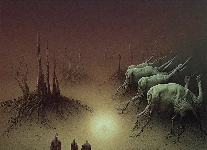 Image similar to the last survivors on earth witness the end of the world, by zdzislaw beksinski and vladimir kush