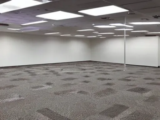 Prompt: an large empty office space with offwhite stained carpet and wallpaper, fluorescent lights, yellow tint, liminal space, craigslist photo
