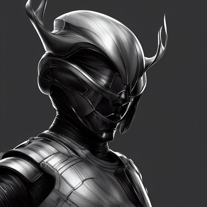 Image similar to a top down shot of a character in an spaceship by nihei tsutomu, front facing the camera, dramatic black and white, modern clean reflective obsidian dark black armor, highly detailed, 3 d render, vray, octane, realistic lighting