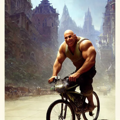 Prompt: shrek rides a bicycle motor and beats vin diesel in fast and furious race while wearing a helmet, highly detailed, digital painting, artstation, concept art, smooth, sharp focus, illustration, art by artgerm and greg rutkowski and alphonse mucha