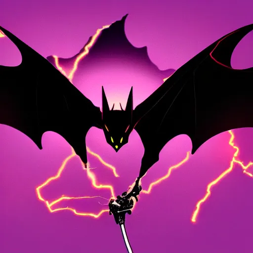 Prompt: a giant bat with electricity coming out of it's wings with pink eyes