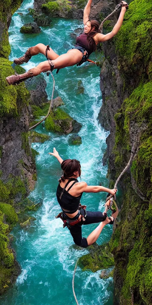 Prompt: extremely angry looking Lara Croft jumping from a rope swinging over a roaring ancient river, bright blue water, mossy rock, created by Lilia Alvarado