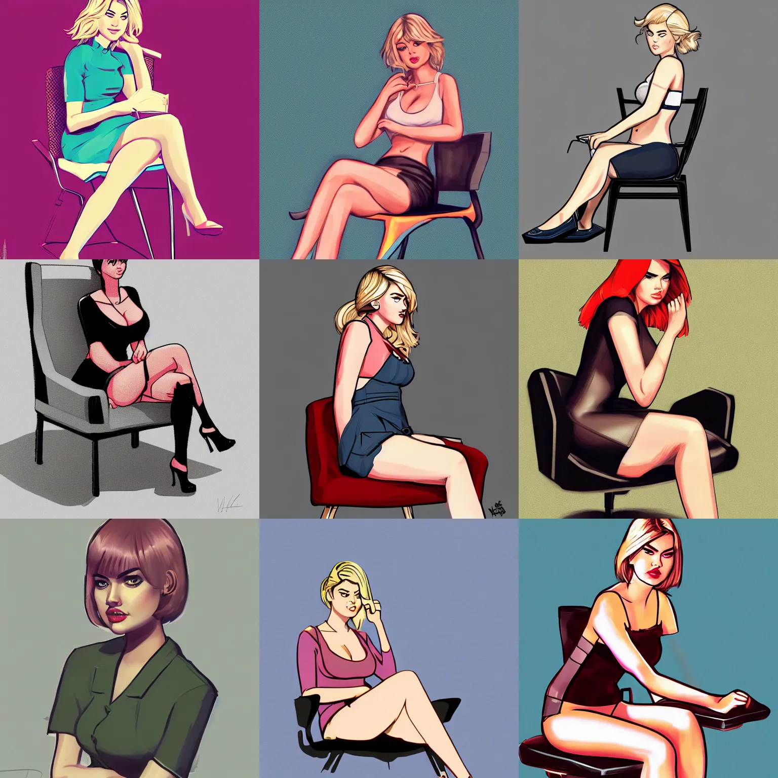 Prompt: kate upton sitting in a chair. drawn in the style of Ross tran and ilya kuvshinov