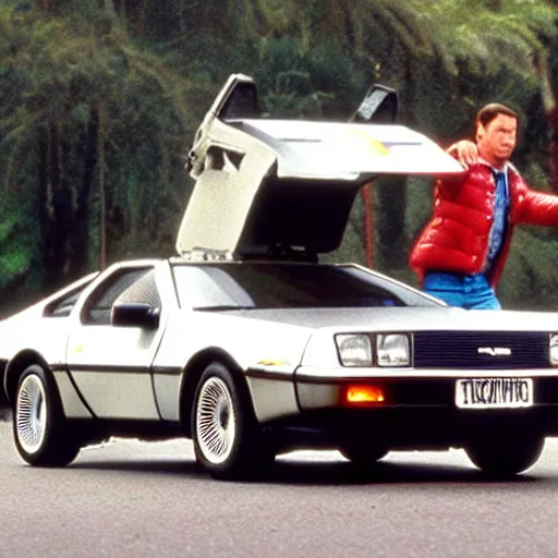 Prompt: marty mcfly accidentally runs over forrest gump with the delorean, movie still, high detail, photorealistic,