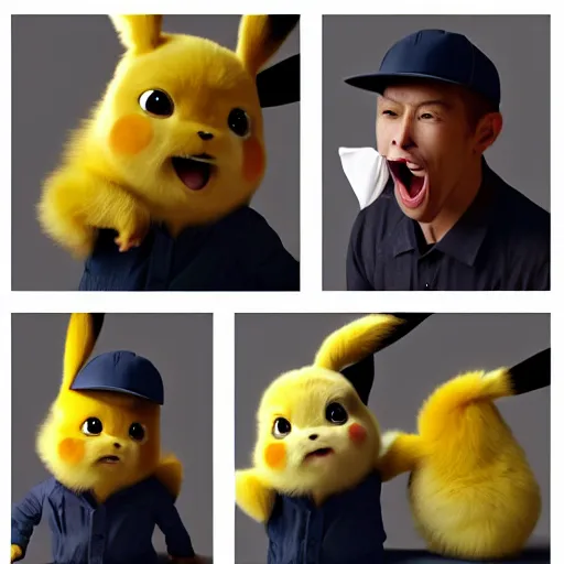 Image similar to portrait sneezing mid - sneeze cute detective pikachu mid - sneeze wiping face with rag at a photoshoot studio lighting