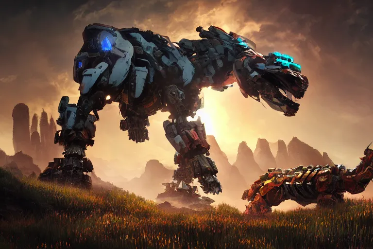 Image similar to tremortusk machine mecha animal beast robot of horizon forbidden west horizon zero dawn bioluminiscence global illumination ray tracing hdr fanart arstation by sung choi and eric pfeiffer and gabriel garza and casper konefal