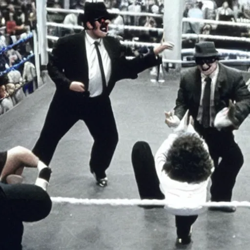 Image similar to “ the blues brothers as a professional wrestling team, fighting in the wrestling ring, still from tv broadcast ”