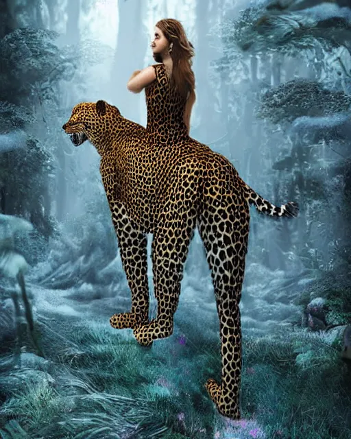 Prompt: beautiful woman riding a leopard thru a crystal forest, hyperreal, Artstation, atmospheric, photorealistic