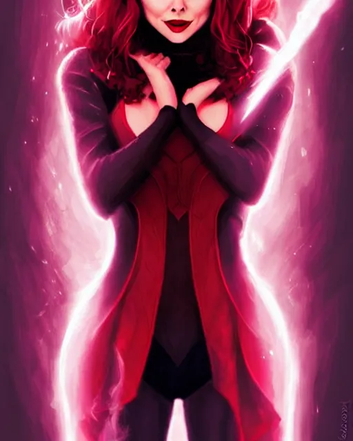 Prompt: Scarlet witch marvel, Sarah Michelle Gellar, evil smile, spells magic, realistic character concept, medium shot, fun pose, comic book, illustration, slender symmetrical face and body, cinematic lighting, high resolution, Charlie Bowater, Norman Rockwell, symmetrical eyes, single face, insanely detailed and intricate, beautiful