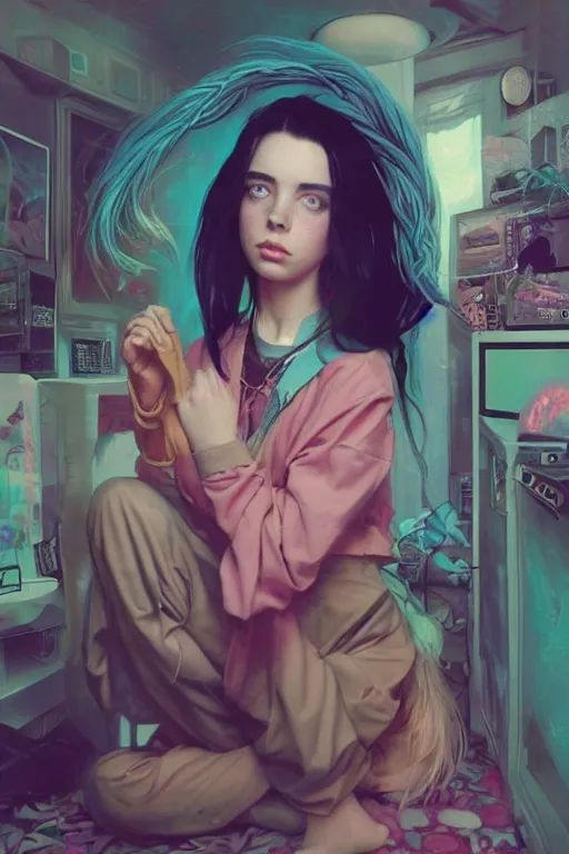 Image similar to billie eilish portrait of a vaporwave girl in a cluttered 9 0 s bedroom, by artgerm, tom bagshaw, gerald brom, vaporwave!, vaporwave colors!, lo fi colors, lo fi, 4 k, hd,