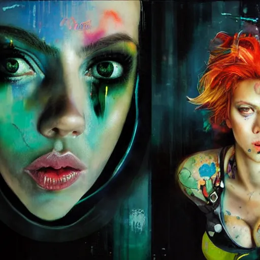 Image similar to drunken scarlett johansson as delirium from sandman, one green eye and one blue eye, hallucinating colorful soap bubbles, by jeremy mann, by sandra chevrier, by dave mckean and richard avedon and maciej kuciara, 1 9 8 0's, punk rock, tank girl, high detailed, 8 k