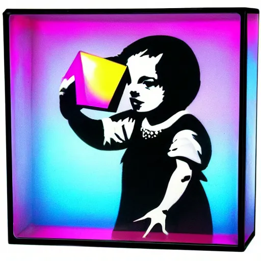 Image similar to banksy graffiti on magical black light prism cube, 1 9 9 9 aesthetic