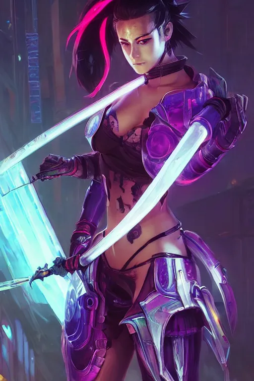 Image similar to fiora from league of legends, cyberpunk futuristic neon. long sword in her hand, decorated with traditional japanese ornaments by ismail inceoglu dragan bibin hans thoma greg rutkowski alexandros pyromallis nekro rene maritte illustrated, perfect face, fine details, realistic shaded, fine - face, pretty face, masterpiece