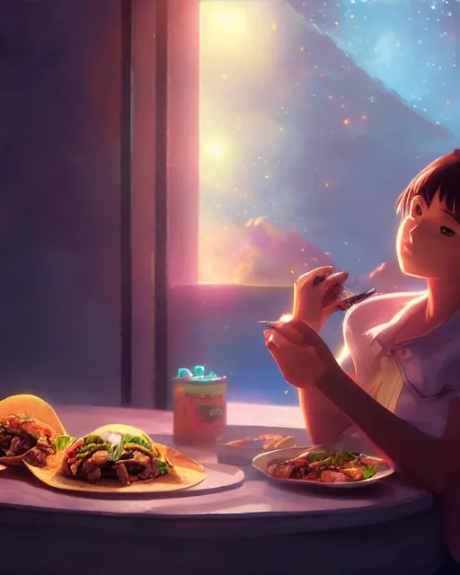 Image similar to a girl eating a huge taco, full shot, atmospheric lighting, detailed face, by makoto shinkai, stanley artgerm lau, wlop, rossdraws