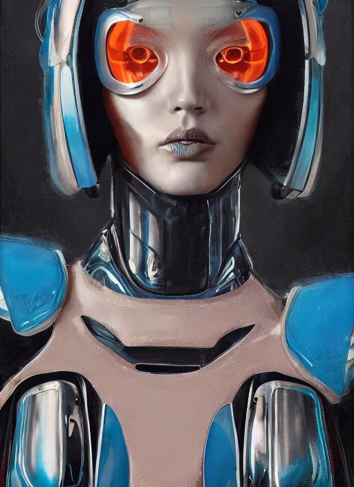 Prompt: ( ( symmetry ) ) closeup portrait of a chrome mech cyborg android girl, fashion racer jumpsuit with shoulder pads, cinematic light, teal orange, viscous volumetric smoke, mist, by gerald brom, by mikhail vrubel, by peter elson, muted colors, extreme detail, trending on artstation, 8 k