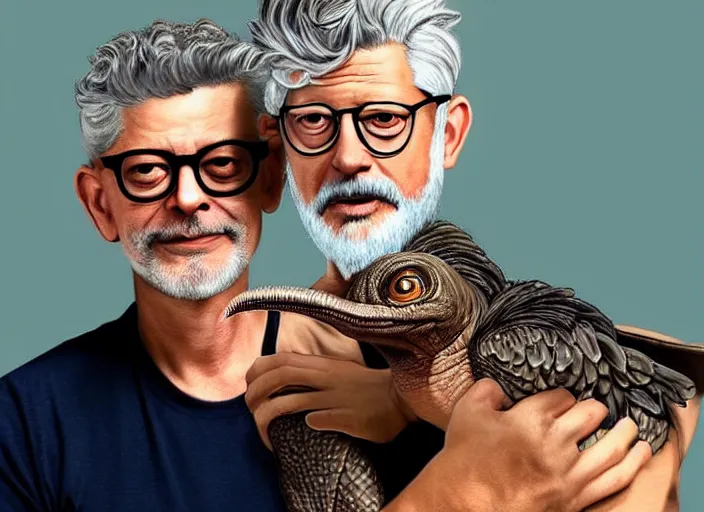 Prompt: jeff golblum holding a baby velociraptor in his arms, ultra realistic, cinematic