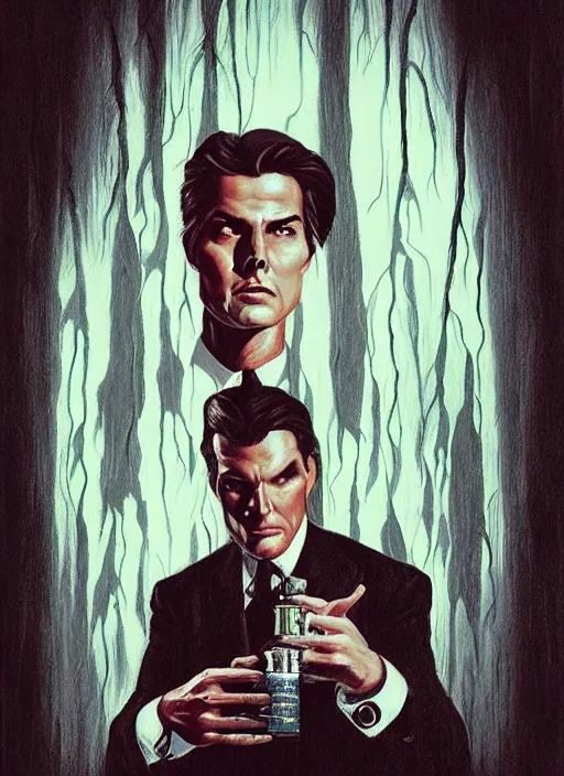 Prompt: evil beings are puppetmasters, pull the strings into the mind of tom cruise, they reach into his mind, twin peaks poster art, from scene from twin peaks, by michael whelan, artgerm, retro, nostalgic, old fashioned