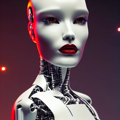 Image similar to robot runway model, hyper detailed ultrasharp beautiful, mechanical robot face, wearing a long coat, high fashion, haute couture, dramatic lighting, octane render, 8 k