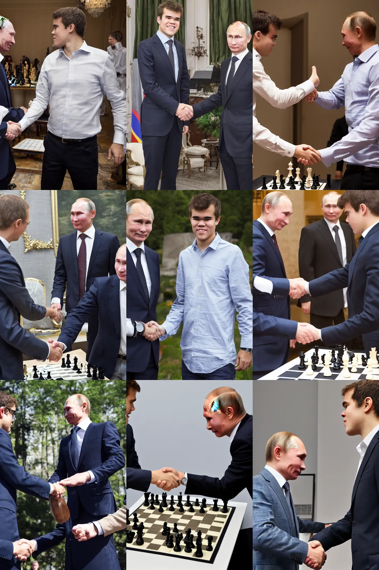 Prompt: Chess champion Magnus Carlsen shaking hands with Vladimir Putin, official photo, Sigma 50mm f/5.6, extremely detailed, photorealistic, high quality