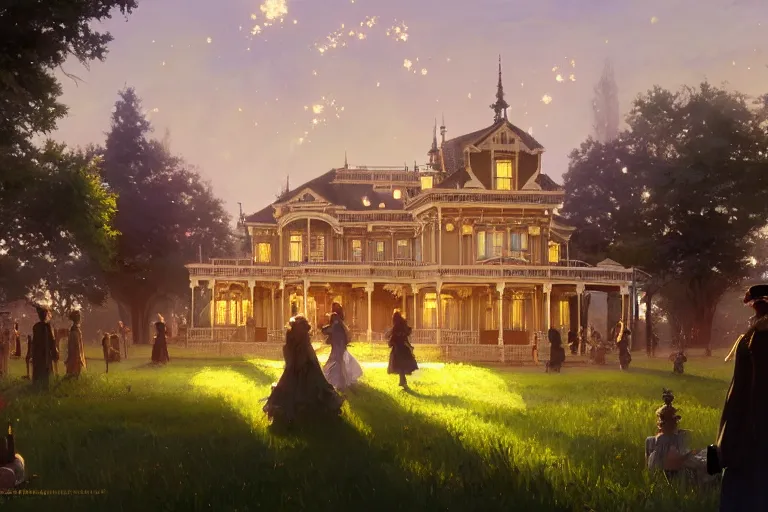 Image similar to an ornate victorian palace, party in front, scene in an open field. 1 8 9 0, key visual, conceptart, ambient lighting, highly detailed, digital painting, artstation, concept art, sharp focus, by makoto shinkai and akihiko yoshida and greg manchess