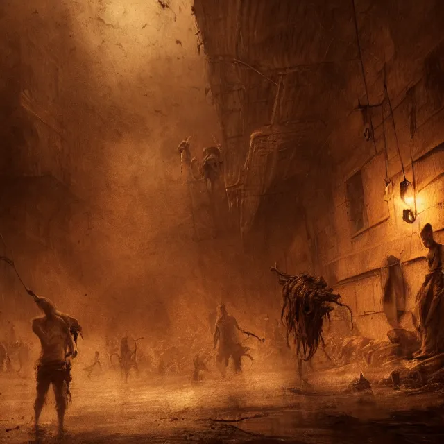 Image similar to action scene sepia painting of hell with people suffering, atmospheric lighting, brooding, painted, intricate, ultra detailed, well composed, best on artstation, cgsociety, epic, horror, stunning, gorgeous, intricate detail, much wow, masterpiece, cinematic aesthetic octane render, 8 k hd resolution,