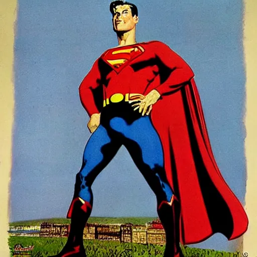 Image similar to Cary Grant as Superman in the style of Norman Rockwell,