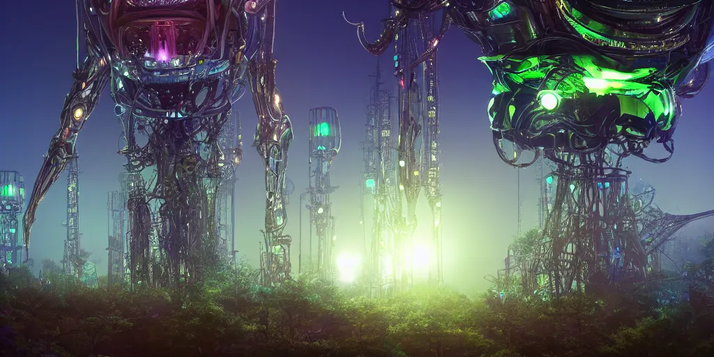 Prompt: giant glowing mechanical machine towering over alien forest, at night, ray tracing, refractive, award winning, trending on artstation, digital art. highly detailed 8 k. intricate. lifelike. soft light. nikon d 8 5 0.