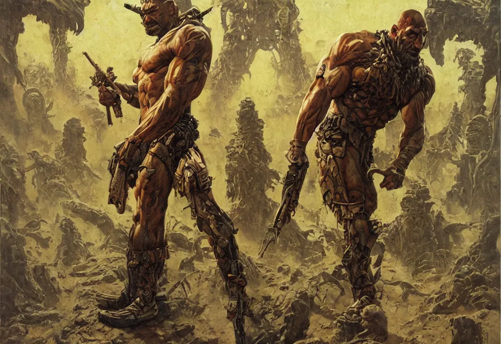 Image similar to older dave bautista as a scfi warrior exploring an alien temple, by norman rockwell and james gurney and tom lovell and boris vallejo