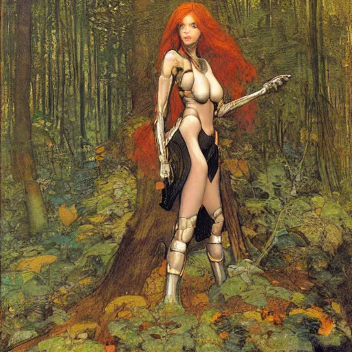 Prompt: beautiful female cyborg with auburn hair, lounging in the Marian forest at dusk, by Edgar Maxence and Ross Tran and Michael Whelan and Gustav Klimpt