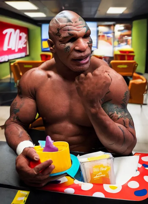 Prompt: Mike Tyson depressed eating a happy meal in the McDonalds play place, while it storms outside the building, mike tyson begins crying softly as he eats a chicken mcnugget and crushes his hamburger in his hands, ketchup spraying out of it, photograph, high quality, detailed, sharp