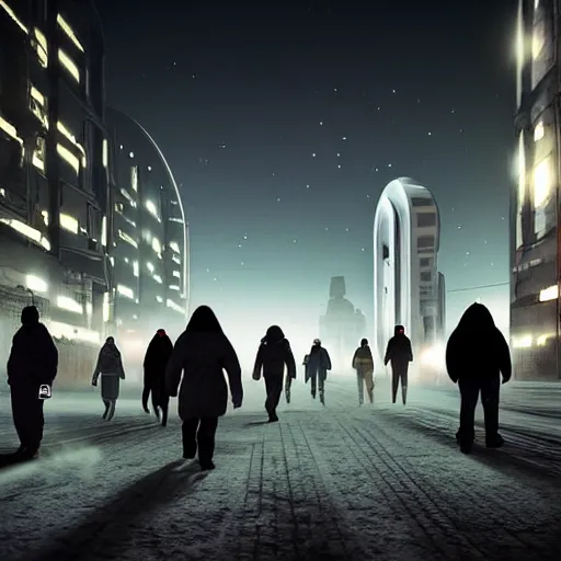 Image similar to diverse people walk past plasma vehicles, long shadows, back from work in a Russian cyberpunk city called Neo Norilsk on the Moon, pitch black sky with stunning bright stars, bright sun, diverse, lively, black sky full of stars, blinding bright sun, sci-fi, lots of flying cars, levitation, cyberpunk outfits, photorealistic, grainy, 35mm, intricate, very very beautiful, elegant, smooth, cinematic, Unreal Engine 5, by Beeple, trending on Artstation HD