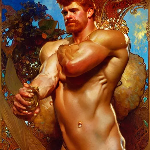 Image similar to attractive muscular mike with ginger hair and muscular attractive ty with brunet hair, drinking their hearts out, in their noble house. highly detailed painting by gaston bussiere, craig mullins, j. c. leyendecker, alphonse mucha 8 k