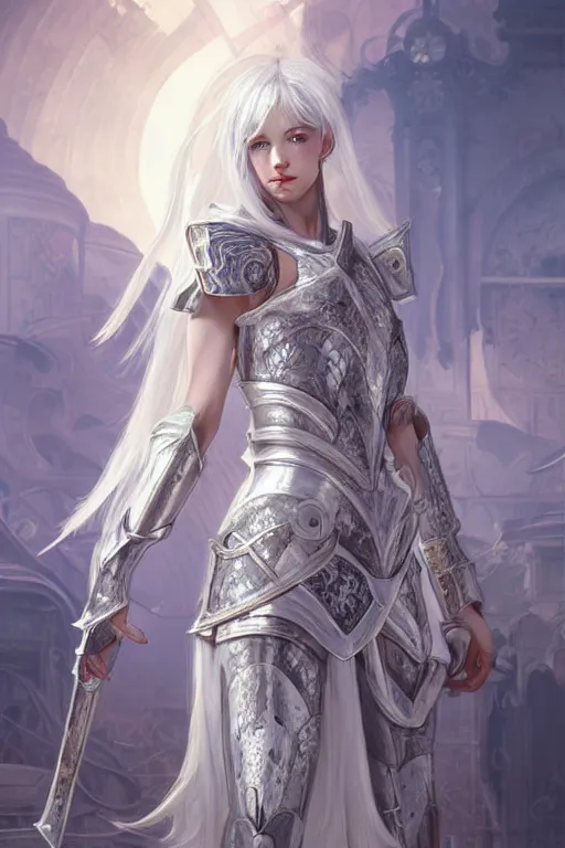 Image similar to portrait white hair knights of zodiac girl, sliver ice color reflected armor, in ruined agora of athens sunrise, ssci - fi and fantasy, intricate and very very beautiful and elegant, highly detailed, digital painting, artstation, concept art, smooth and sharp focus, illustration, art by tian zi and wlop and alphonse mucha