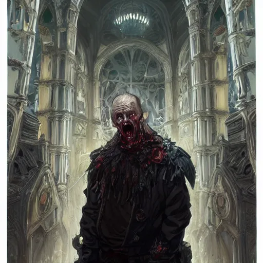 Image similar to zombie Putin in Kremlin, fantasy, intricate, highly detailed, digital painting, artstation, concept art, smooth, sharp focus, illustration, art by artgerm and greg rutkowski and alphonse mucha