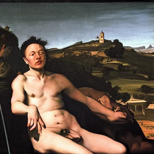 Prompt: elon musk in caravaggio landscape