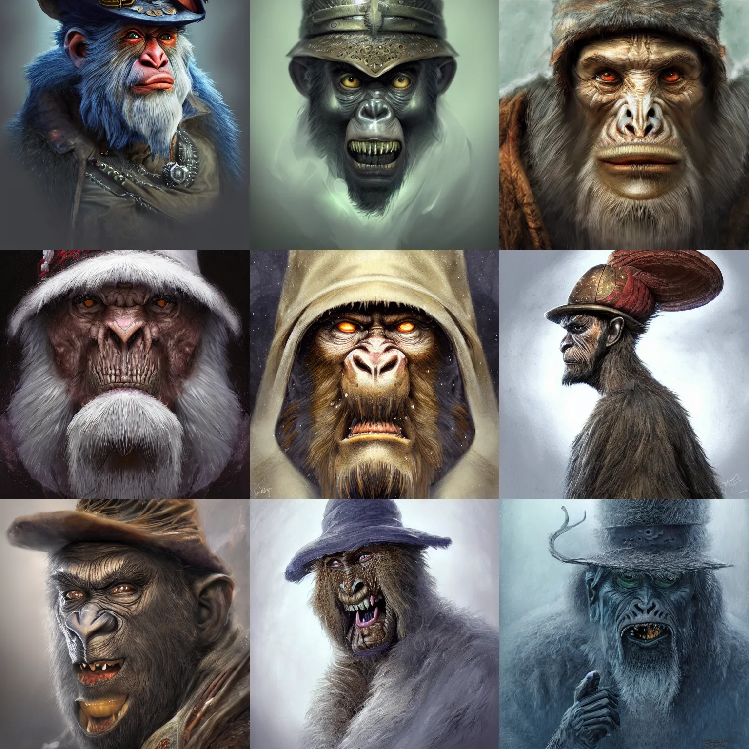 Prompt: a wlop 3 d render of very very very very highly detailed beautiful mystic portrait of a horror phantom ape warrior with stylish hat and frosty background by anton pieck, intricate, extremely detailed, digital painting, artstation, concept art, smooth, sharp focus, illustration, intimidating lighting, incredible art,