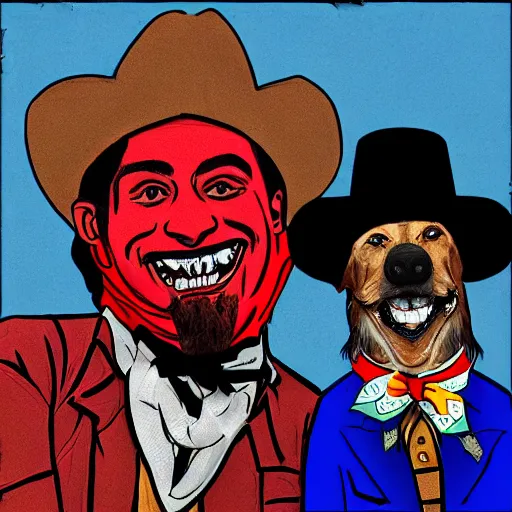 Image similar to king von laugh with fbg dug ( circa 1 9 0 1 ) in cowboy suit, theyre used red and blue bandana, photorealistic, based on real event