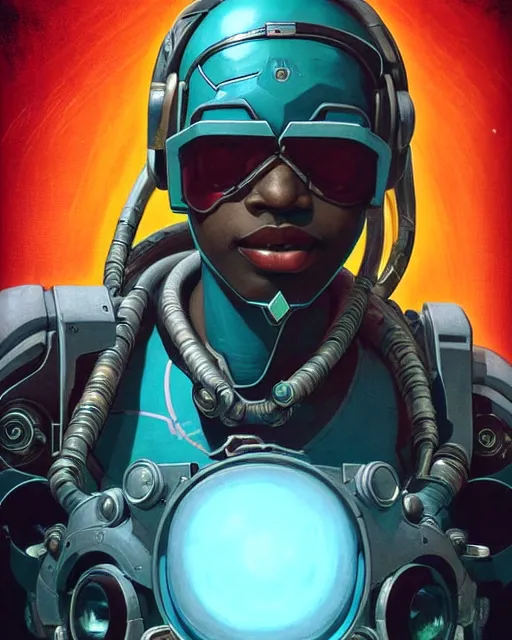 Prompt: sojourn from overwatch, african canadian, gray dread locks, teal silver red, character portrait, portrait, close up, concept art, intricate details, highly detailed, vintage sci - fi poster, retro future, vintage sci - fi art, in the style of chris foss, rodger dean, moebius, michael whelan, and gustave dore