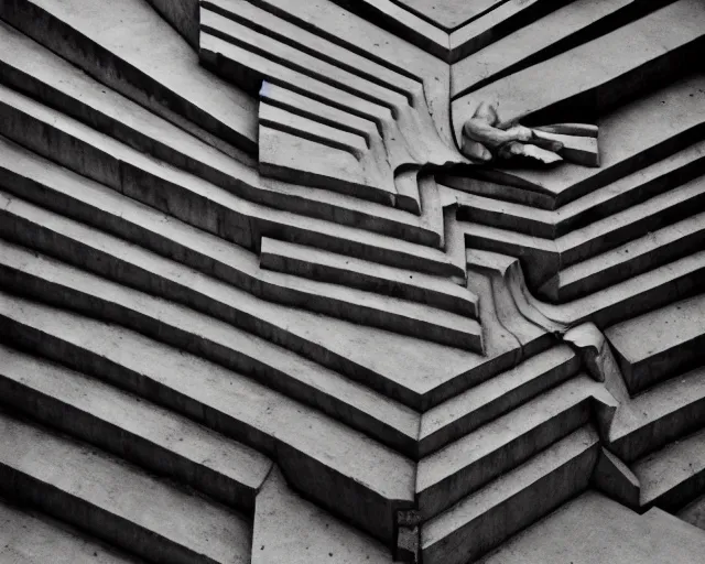 Image similar to by francis bacon, escher, mystical photography evocative. an fractal concrete brutalist carved sculpture, standing in a city center.