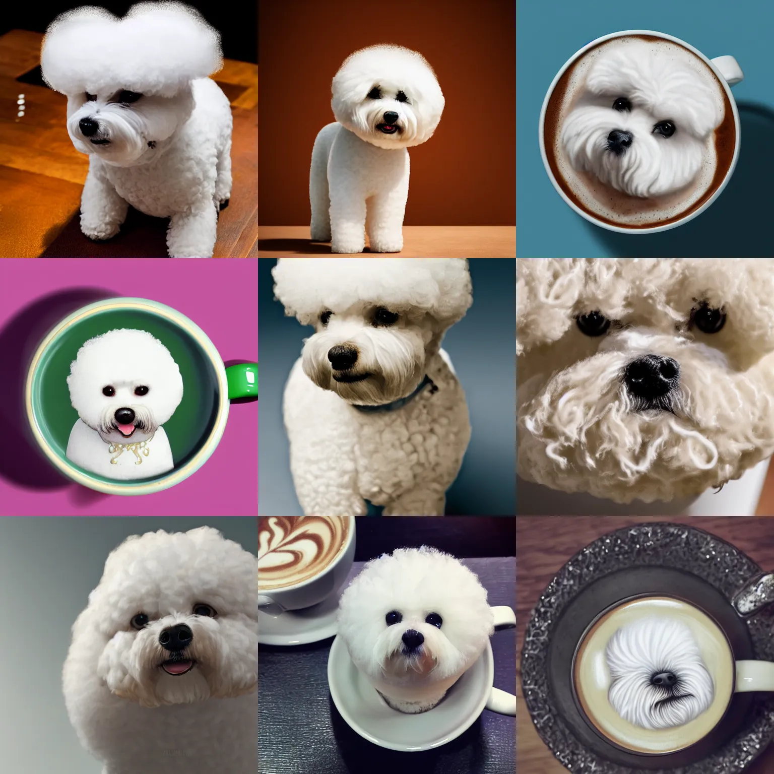 Prompt: a closeup photorealistic photograph of bichon frise as latte art. professional capture, well lit shot. this 4 k hd image is trending on artstation, featured on behance, well - rendered, extra crisp, features intricate detail, epic composition and the style of unreal engine.