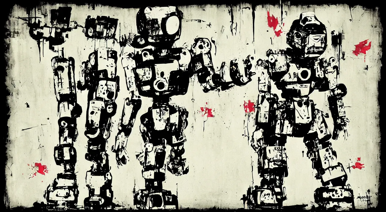 Image similar to grunge robot with decals by ashley wood