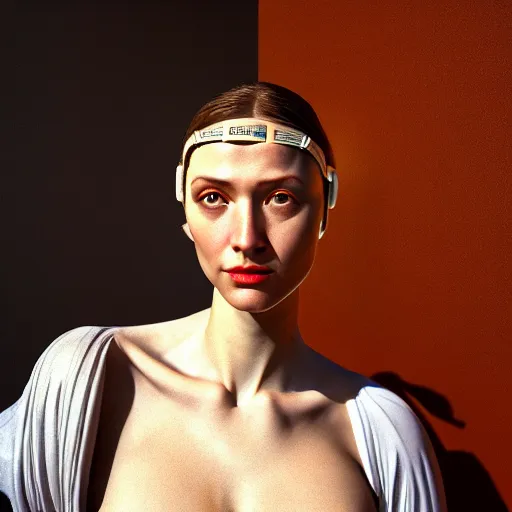 Image similar to hyperrealism photography in caravaggio style quntum computer simulation visualisation of parallel universe sitcom scene with beautiful detailed ukrainian woman with detailed face wearing ukrainian traditional shirt and wearing retrofuturistic sci - fi neural interface designed by josan gonzalez. hyperrealism photo on pentax 6 7, by giorgio de chirico volumetric natural light rendered in blender