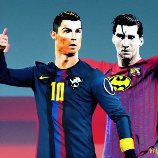 Prompt: Cristiano Ronaldo as batman and Messi as Robin