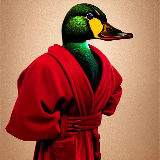 Image similar to portrait of cute mallard duck, wearing cultist red robe, inside a castle, expressive oil painting, digital art, octane render