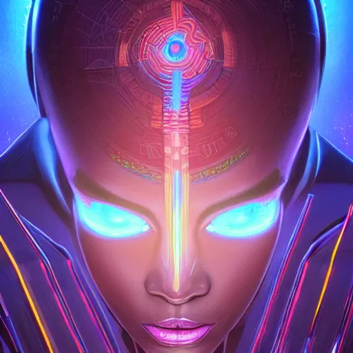 Image similar to african neon necromancer, science fiction, highly detailed, digital painting, beautiful eyes, symmetry, concept art, sharp focus, illustration, global illumination, radiant light, synthwave colors, detailed and intricate environment, art by artgerm and greg rutkowski and magali villeneuve and ilya kuvshinov!