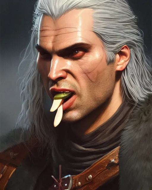 Image similar to portrait of geralt of rivia eating a hamburger, fantasy, intricate, elegant, highly detailed, digital painting, artstation, concept art, smooth, sharp focus, illustration, by artgerm and greg rutkowski